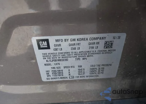 2021 Chevrolet Trax Awd Lt из США, поврежденный, VIN KL7CJPSB1MB332392